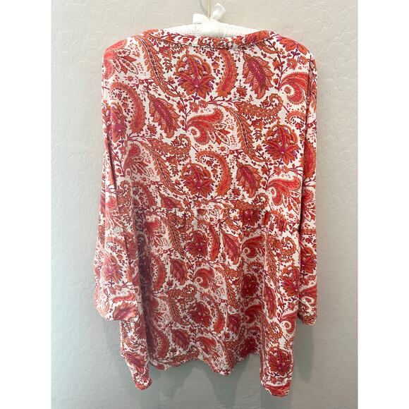 CYNTHIA ROWLEY | Linen Blend Paisley Boho Blouse Orange Pink Flowy Top | 2X - Picture 4 of 7